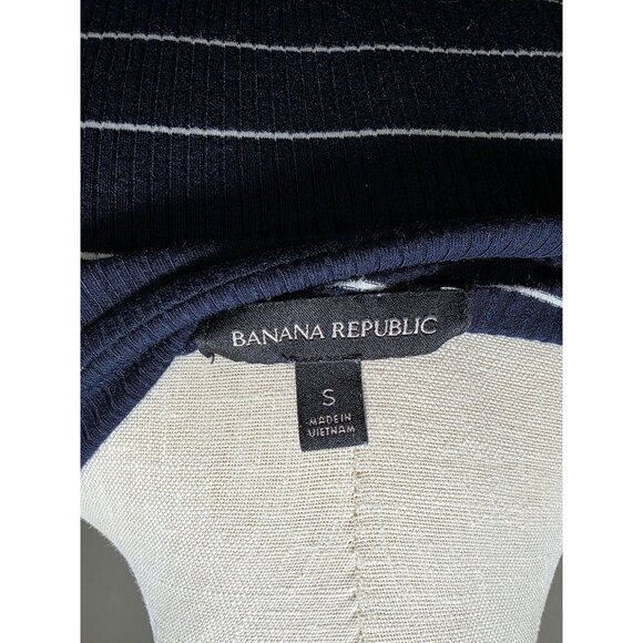 Navy & White Striped Fitted Ribbed Knit Dress With 3/4 Sleeves & Round Neckline - Picture 8 of 8